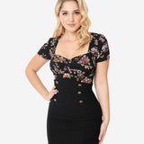 Unique Vintage Black & Multi Floral Sweetheart Ruthie Top