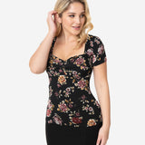 Unique Vintage Black & Multi Floral Sweetheart Ruthie Top