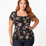 Unique Vintage Black & Multi Floral Sweetheart Ruthie Top