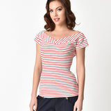 Unique Vintage 1950's Style White & Red Striped Deena Top