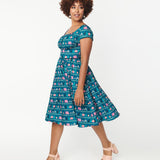 Unique Vintage Valencia Swing Dress Teal Camping Print