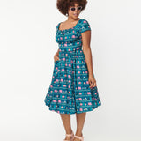 Unique Vintage Valencia Swing Dress Teal Camping Print