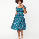 Unique Vintage Valencia Swing Dress Teal Camping Print