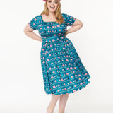 Unique Vintage Valencia Swing Dress Teal Camping Print