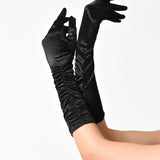 Unique Vintage Black Ruched Satin Gloves